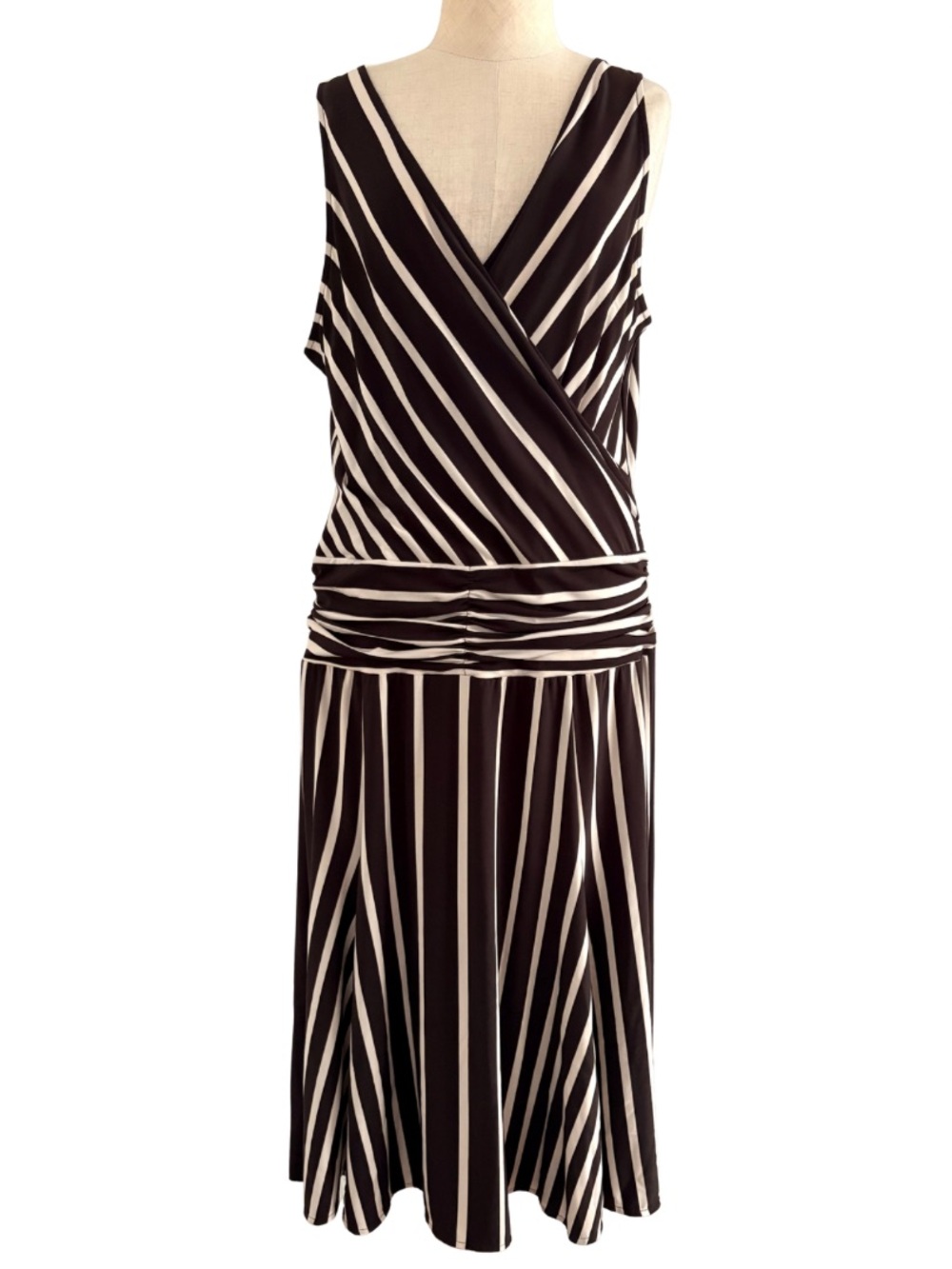 VTG Y2k BCBG Max Azria Maxi Dress Stripe Brown Cream Drop Waist M/L Surplice